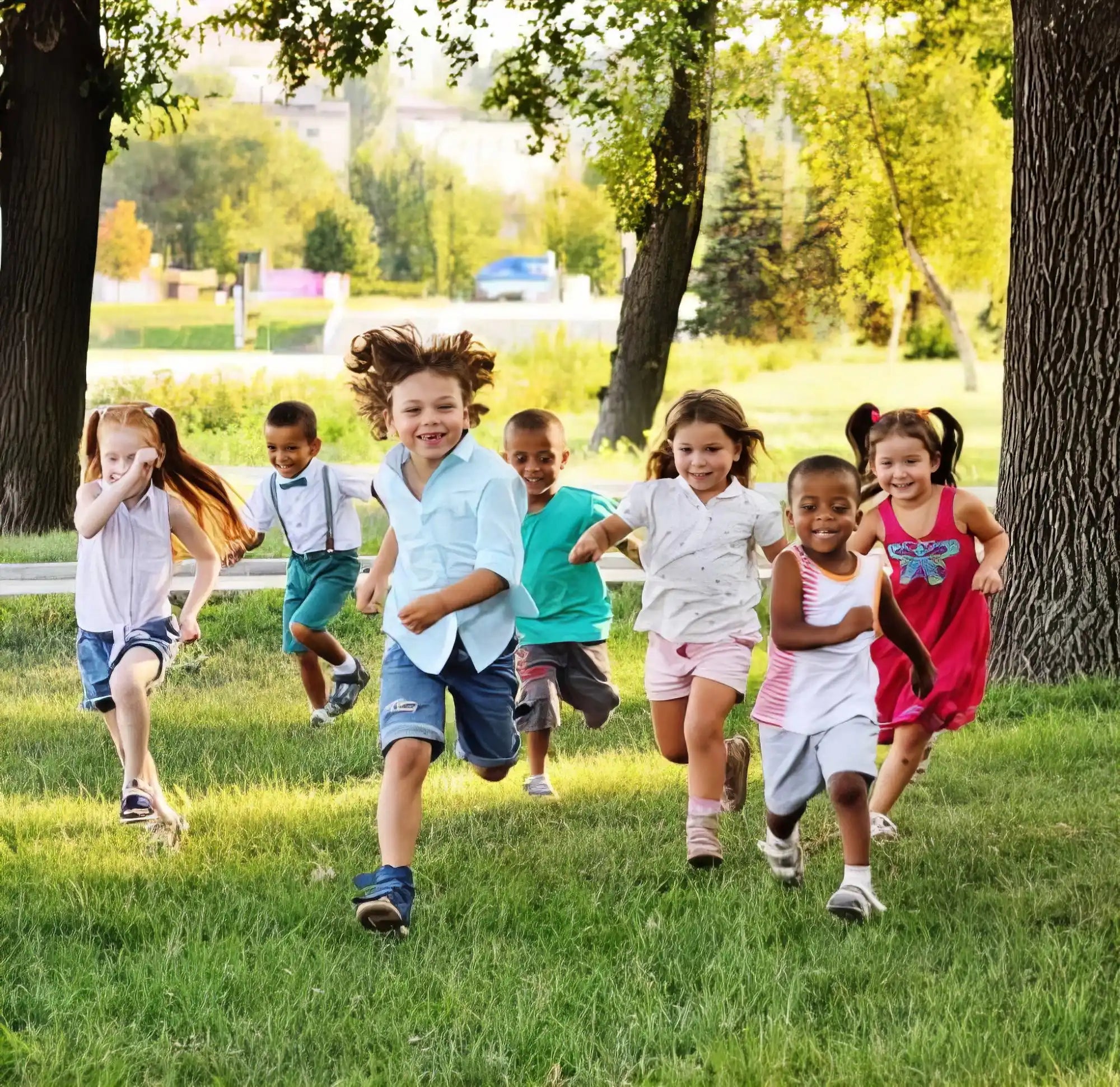 Een groep diverse kinderen die blij rennen in een groen buitenevenement.