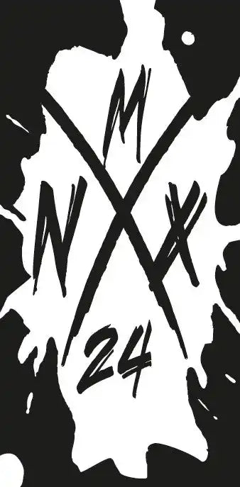 Zwart-witte graffiti-stijl logo met gekruiste letters 'NMX' en het nummer '24'